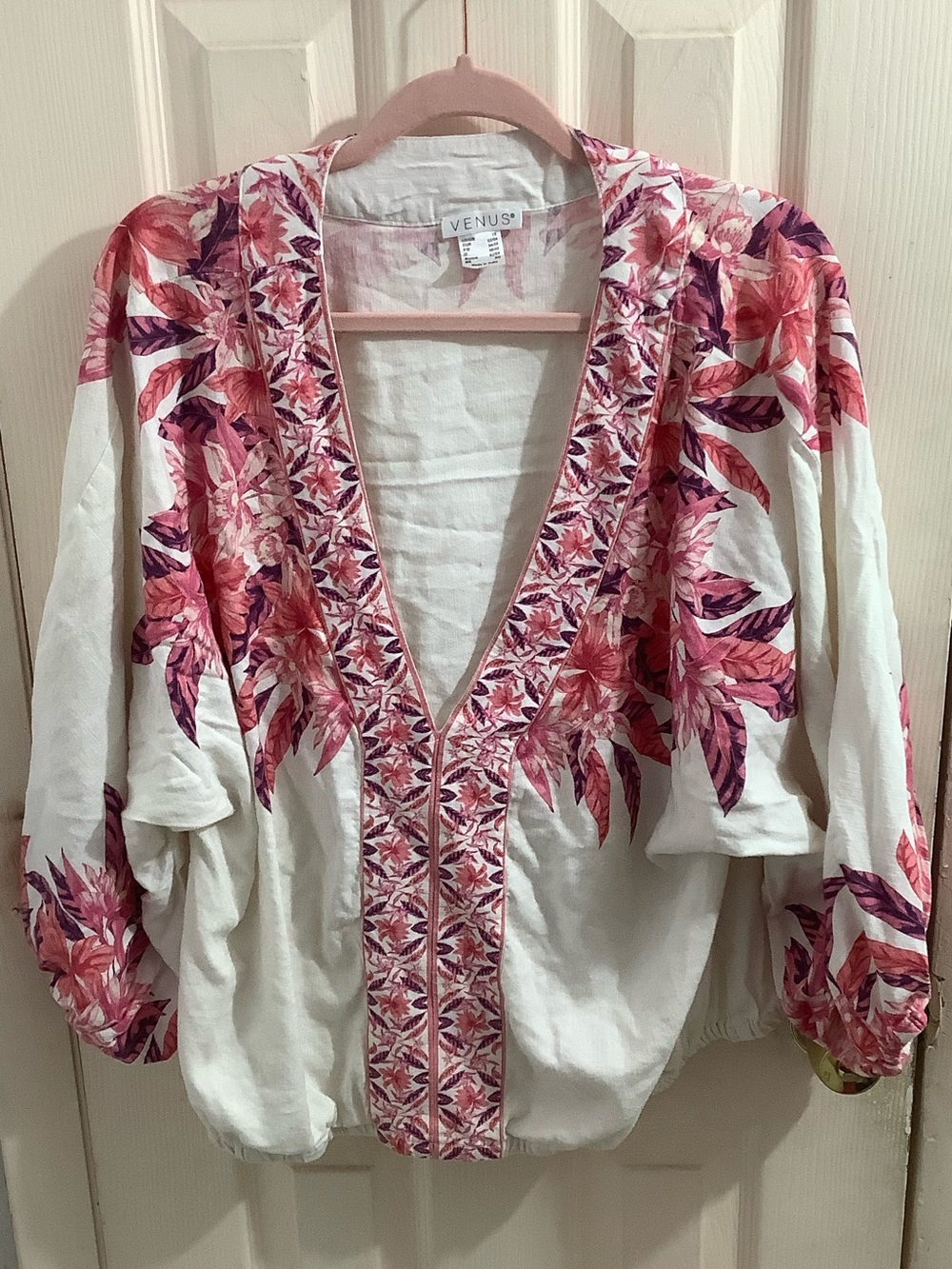 VENUS White Boho V-Neck Tunic Pink Purple Floral Printed Linen Blend Size 1x
